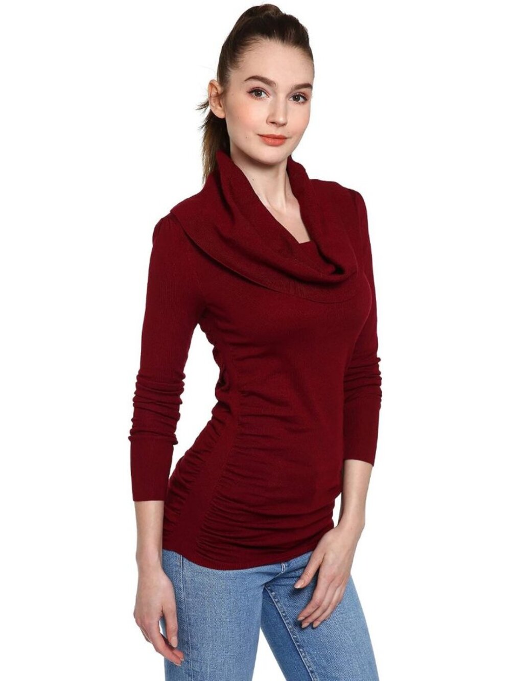 Casual Slim Fit Cowl Neck Long Sleeve Ruched Sides Pullover Tunic Sweater